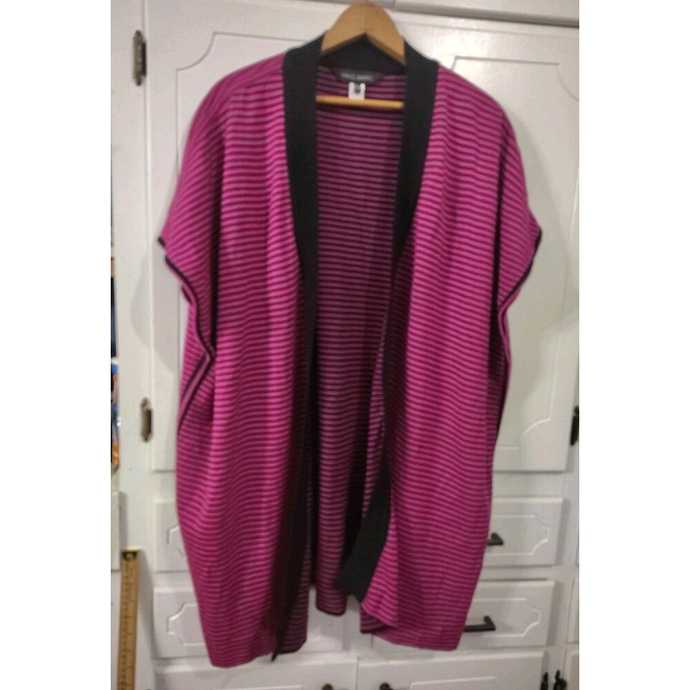 Ming Wang Womens Sleeveless Knit Cardigan Size 2X Pink Black Striped Open Front